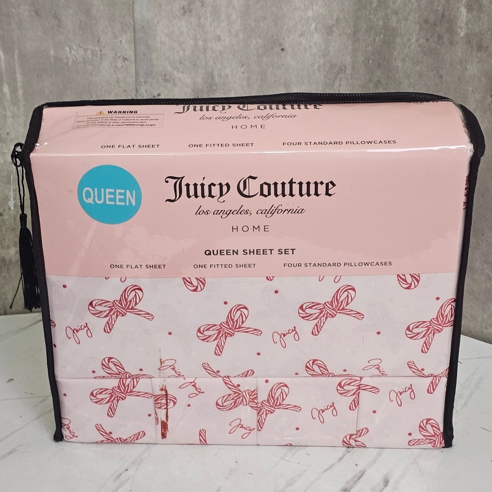Juicy Couture Queen Sheet Set 6pc Pink Red Candy Cane Bow Polka Dot Print New
